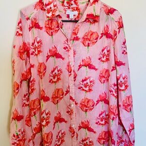 Charter Club Pink Roses Floral Button-Up Blouse Size Large 100% Linen